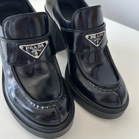 Prada Women's Chocolate Brushed Leather Heeled loafers size 36.5 - Picture 5 of 16